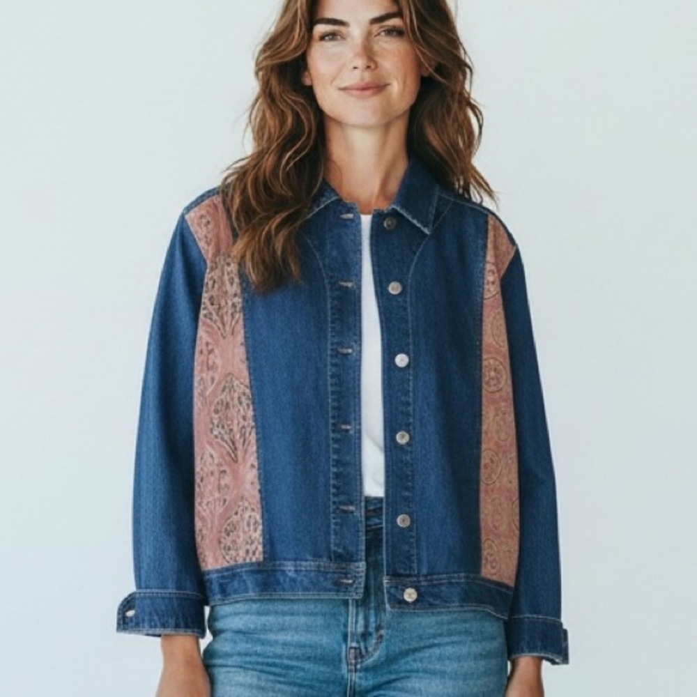 Vintage 90s Chico's Jean jacket suede panels Embroidery Beaded Asian Geisha - Picture 2 of 16